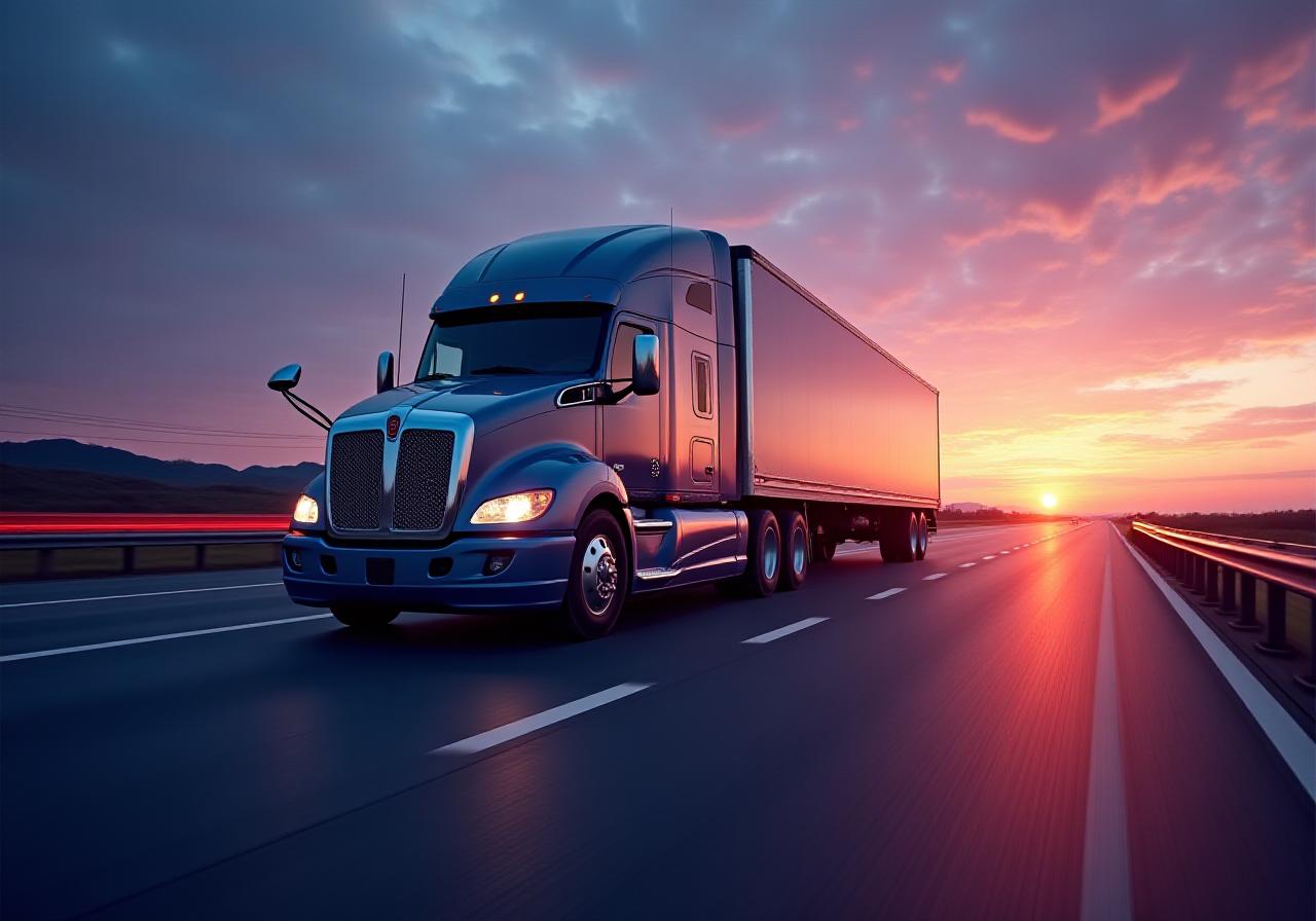 Modern freight truck on highway at sunset